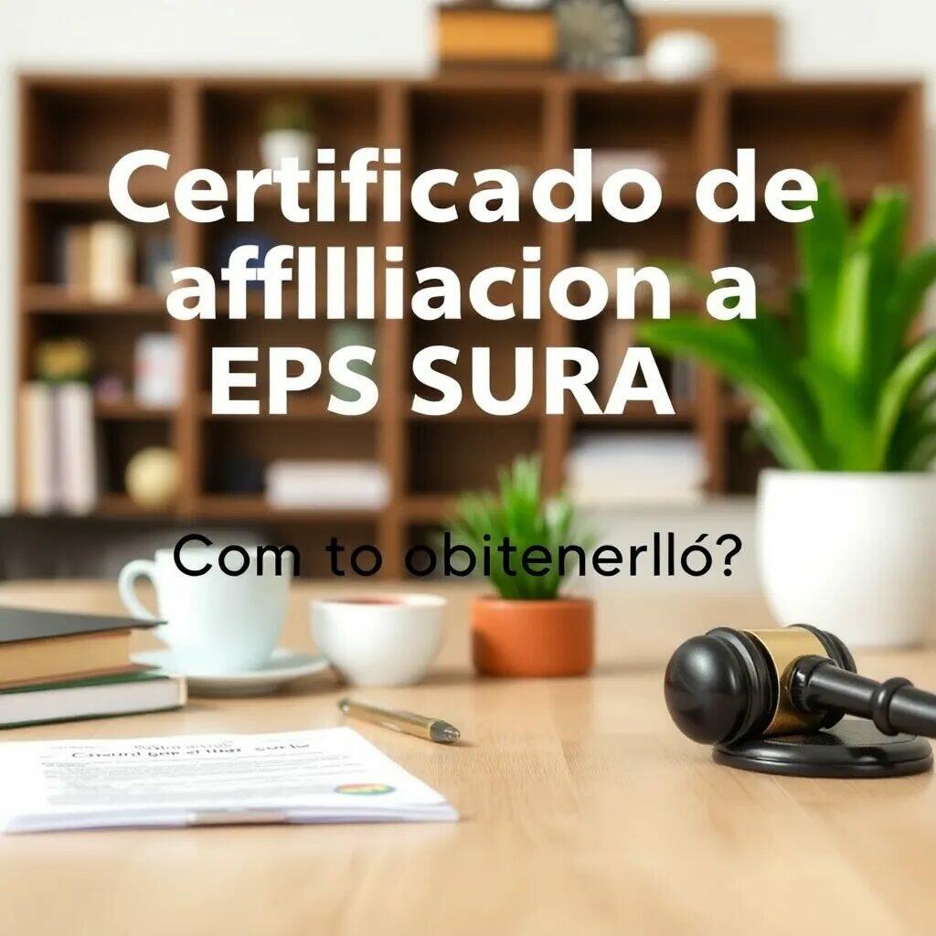 Imagen que muestra un certificado de afiliación a EPS SURA sobre una mesa de trabajo. En el fondo se ven libros y plantas decorativas, así como una taza de café y un bolígrafo. El texto en la imagen pregunta cómo obtener el certificado.