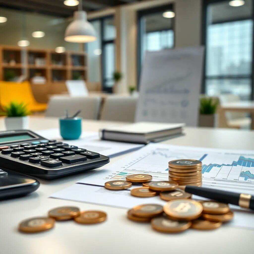 Imagen de un entorno de oficina moderna con una calculadora negra, gráficos financieros y monedas apiladas sobre una mesa. Se observa un cuaderno y un bolígrafo, así como un pequeño macetero con una planta. La luz natural entra por las ventanas, creando un ambiente propicio para el análisis financiero y la toma de decisiones. Ideal para ilustrar temas relacionados con la contabilidad, finanzas y gestión empresarial.