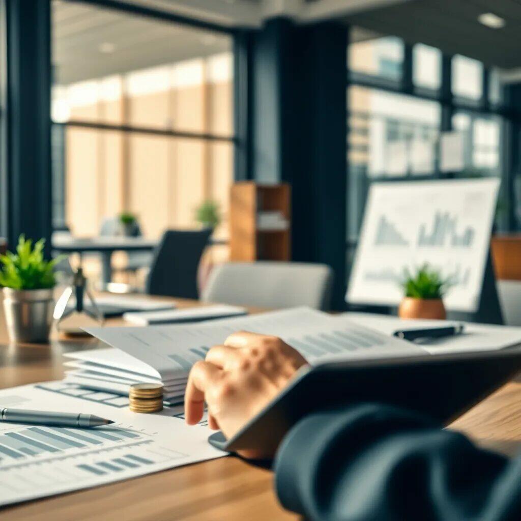 Imagen de un entorno de trabajo moderno donde una persona revisa informes financieros sobre una mesa de madera. Se pueden ver gráficos y datos en las hojas, junto con monedas apiladas, lo que sugiere un análisis de inversiones o presupuesto. En el fondo, hay plantas y una pantalla que muestra más gráficos, creando un ambiente profesional y organizado. Ideal para temas relacionados con finanzas, contabilidad y gestión empresarial.