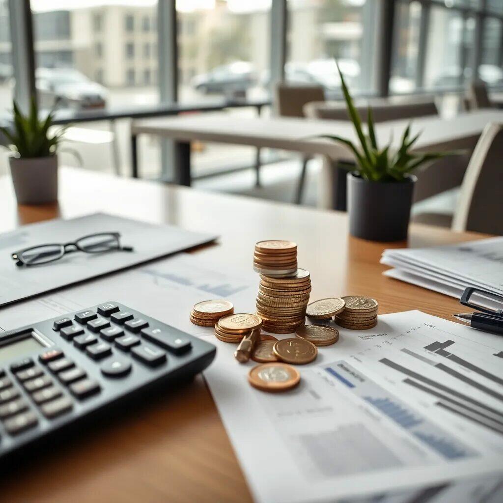 Imagen de un entorno de oficina moderno que muestra un escritorio con una calculadora, documentos financieros y pilas de monedas. Se pueden observar gráficos y reportes sobre la mesa, junto a unas gafas y una planta en maceta, todo en un ambiente iluminado por grandes ventanales. Esta imagen representa el concepto de finanzas, inversión y análisis económico en un contexto profesional. Ideal para ilustrar temas relacionados con la contabilidad, la gestión financiera y la planificación empresarial.