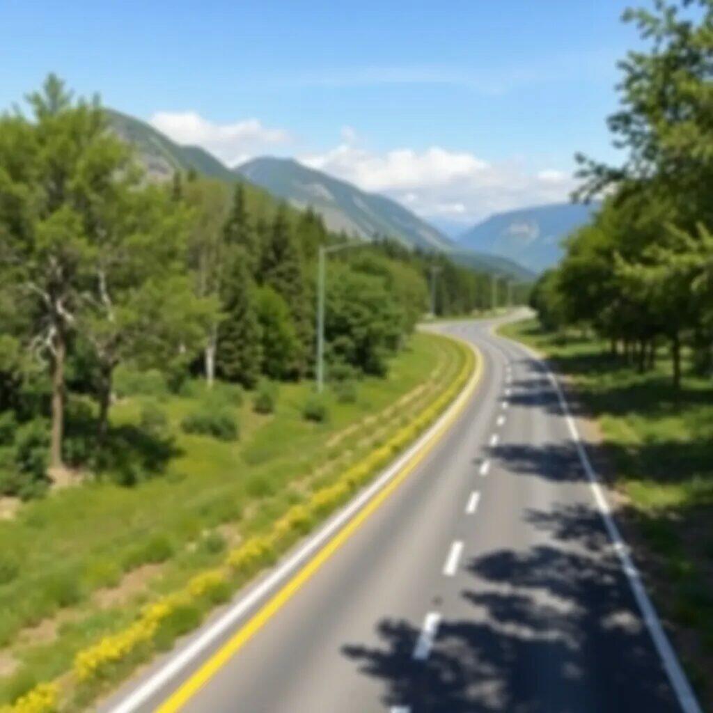 Carretera rodeada de vegetación y montañas bajo un cielo despejado, ideal para viajes y escapadas al aire libre.