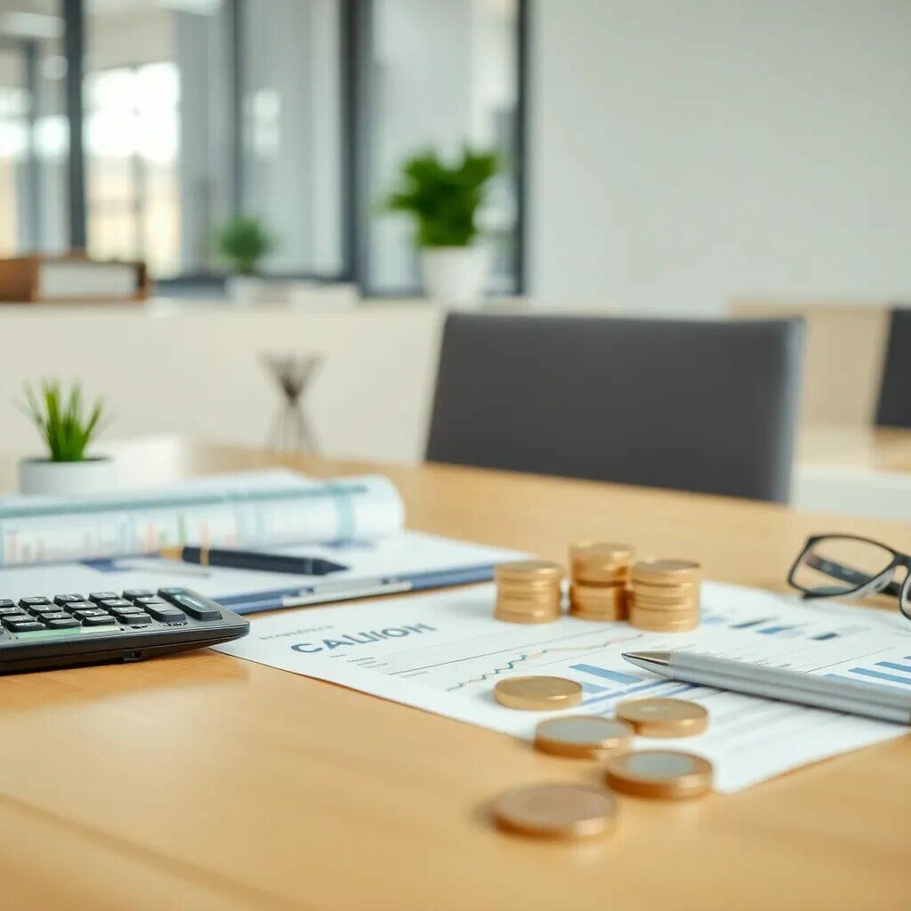 Texto alternativo: Imagen de una oficina moderna con una mesa de madera clara. En la mesa se observa una calculadora, documentos financieros con gráficos, una pluma y varias monedas apiladas. Al fondo, se pueden ver plantas decorativas y sillas, lo que sugiere un ambiente profesional y organizado ideal para la gestión financiera.