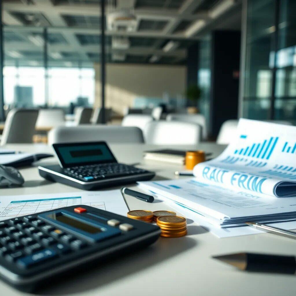 Imagen de un entorno de oficina moderno y despejado, donde se observan herramientas de trabajo como una calculadora, documentos con gráficos y datos financieros, monedas apiladas y un bolígrafo. La luz natural entra por grandes ventanales, creando un ambiente profesional ideal para la planificación y análisis financiero. Este espacio refleja la organización y la eficiencia necesarias en el ámbito empresarial.