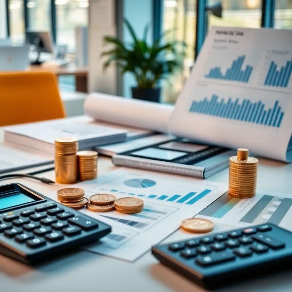 Escritorio de oficina con documentos financieros y gráficos de análisis. En la imagen se observan calculadoras, monedas apiladas y gráficos que muestran datos estadísticos. La iluminación natural resalta el ambiente profesional, ideal para la planificación financiera y la gestión de inversiones. Este entorno refleja la importancia de un análisis detallado en la toma de decisiones económicas.