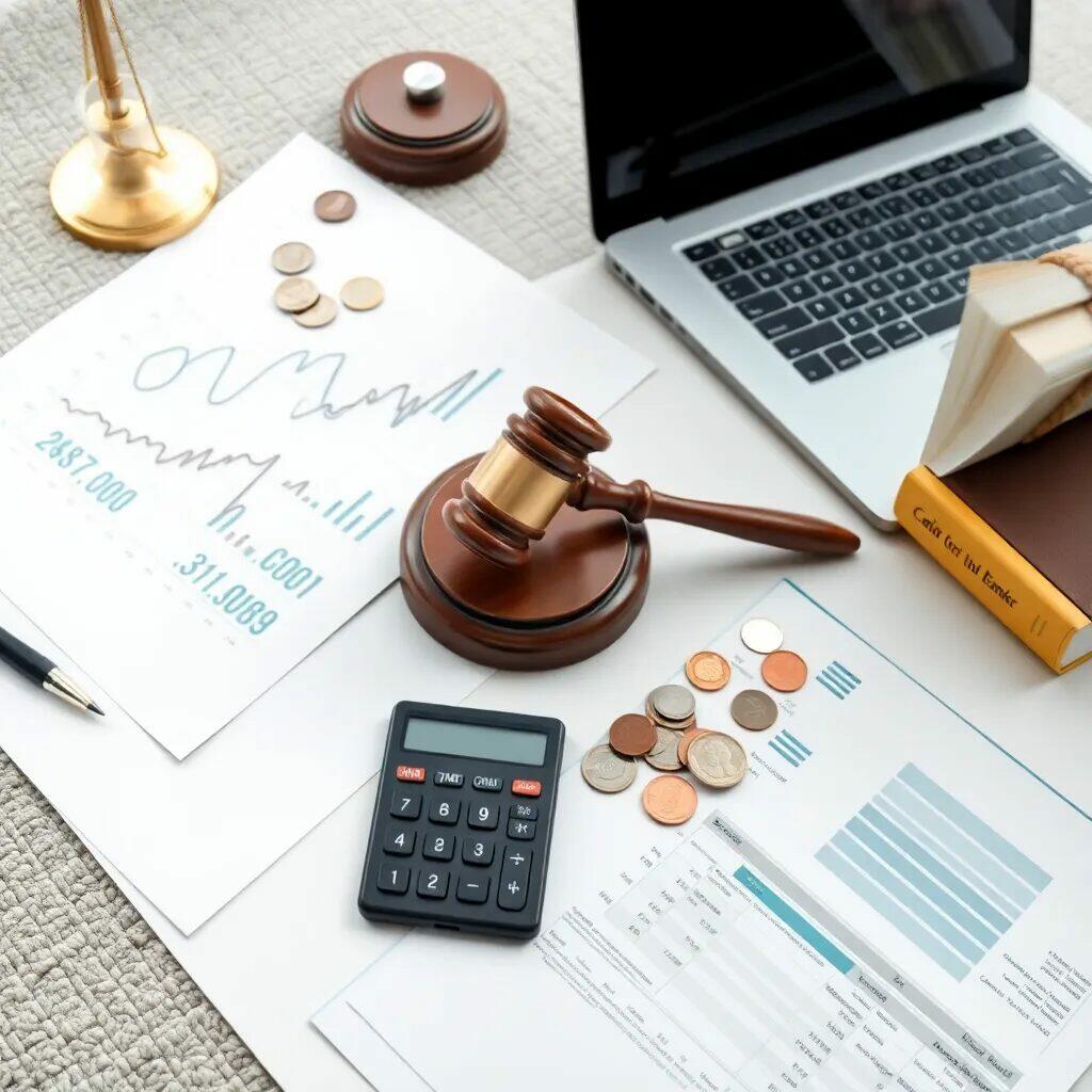 Imagen que muestra un escritorio de trabajo relacionado con el ámbito legal y financiero. Se observa un martillo de juez, monedas, un calculador y documentos con gráficos financieros. También hay un laptop y libros, lo que sugiere un entorno profesional enfocado en la contabilidad y el derecho. Ideal para ilustrar temas de asesoría legal, gestión financiera y análisis de datos económicos.