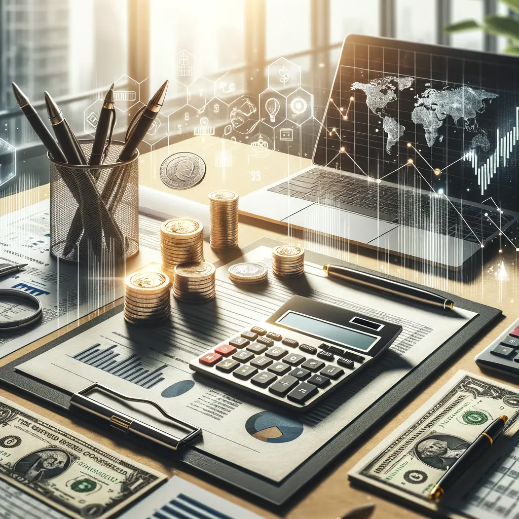 Imagen que muestra una mesa de trabajo con elementos financieros. En el centro, hay una calculadora y gráficos sobre documentos. Alrededor, se apilan monedas y billetes de dólar, junto a un ordenador portátil que exhibe un mapa mundial y gráficos de análisis. También se ven bolígrafos y un portalápices, sugiriendo un ambiente de trabajo profesional enfocado en la contabilidad y las finanzas. Ideal para ilustrar temas relacionados con la gestión financiera, inversiones y análisis de