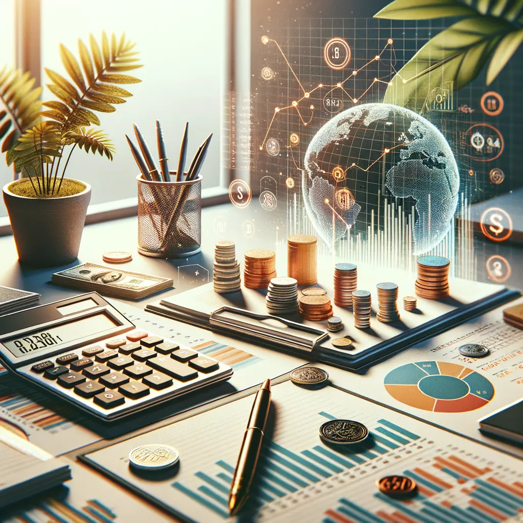 Imagen que muestra un entorno de trabajo financiero y contable. En la mesa hay una calculadora, gráficos y hojas de cálculo, así como pilas de monedas y billetes. Un recipiente con bolígrafos y una planta decorativa añaden un toque natural. En el fondo, se visualiza un globo terráqueo digital con elementos gráficos que representan datos y estadísticas económicas. Esta imagen evoca la gestión financiera, la inversión y el análisis de datos en un contexto moderno. Ideal para