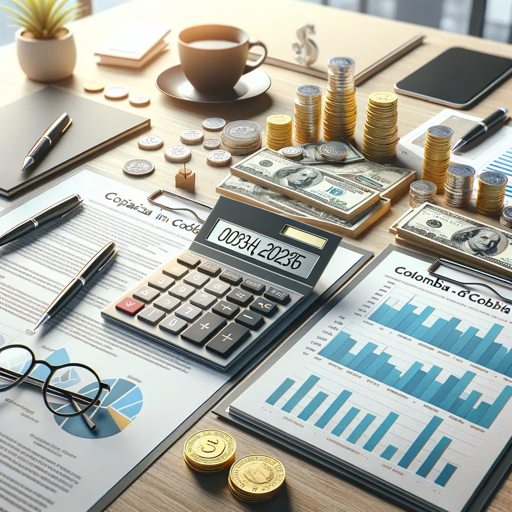 Imagen de un escritorio de trabajo que incluye una calculadora, documentos financieros, gráficos y dinero en efectivo. Se observan billetes de dólar y monedas apiladas, junto a una taza de café y herramientas de oficina como bolígrafos y gafas. Los documentos presentan gráficos y datos, lo que sugiere un ambiente de análisis financiero y planificación económica. Ideal para representar temas de contabilidad, finanzas personales o gestión de inversiones.