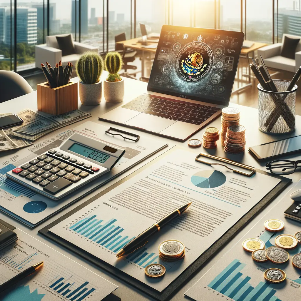 Escritorio de oficina moderno con documentos financieros, gráficos y un computador portátil. Incluye una calculadora, bolígrafos, monedas apiladas y plantas decorativas. La luz del sol entra por la ventana, iluminando el espacio de trabajo. Ideal para ilustrar temas de finanzas, contabilidad y productividad en entornos laborales.