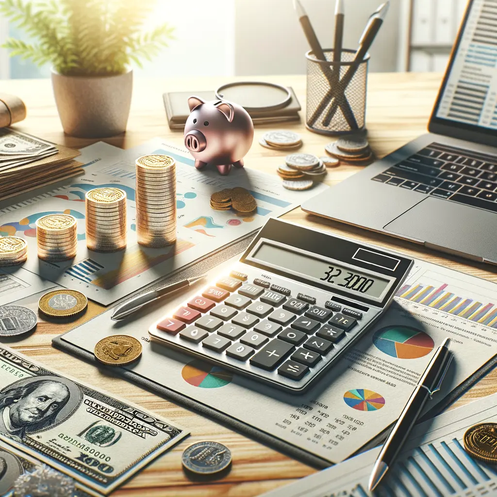 Mesa de trabajo con una calculadora, un cerdito de ahorro, monedas y billetes de dólar, gráficos y documentos financieros, simbolizando la planificación y gestión de finanzas personales o empresariales.