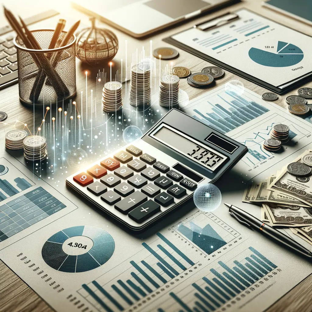 Imagen que muestra un escritorio de trabajo con herramientas financieras. En primer plano, hay una calculadora de escritorio, pilas de monedas y billetes de dólar. Alrededor, se pueden ver gráficos y tablas financieras, así como un bolígrafo y un organizador con lápices. Los gráficos destacan tendencias de datos, lo que sugiere un análisis financiero en curso. Esta imagen es ideal para temas relacionados con finanzas, contabilidad y análisis de datos.