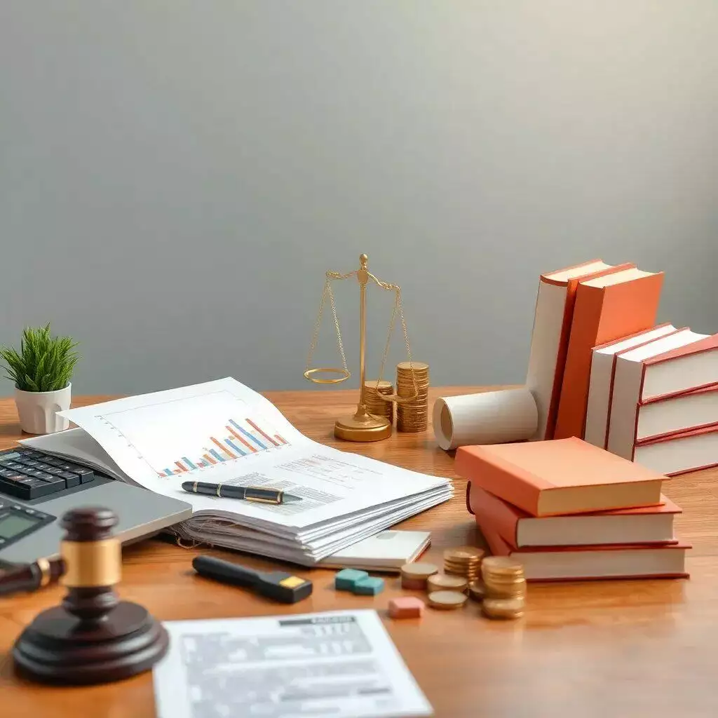 Imagen de un escritorio de oficina legal, que incluye documentos con gráficos financieros, una calculadora, un gavel (mazo de juez), libros de derecho de tapa naranja, una balanza de justicia y monedas apiladas. Este ambiente representa un entorno de trabajo relacionado con la abogacía y la gestión legal, ideal para temas de derecho, finanzas y asesoría legal.