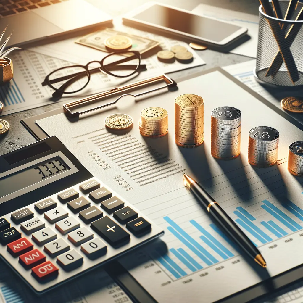 Imagen que muestra una mesa de trabajo con herramientas financieras. En el centro, se observa una calculadora, gráficos financieros, monedas apiladas y un bolígrafo. Al fondo, hay documentos con datos estadísticos y un teléfono móvil. Esta imagen representa la planificación financiera y el análisis de datos económicos, ideal para temas relacionados con la contabilidad, la inversión y la gestión de recursos.