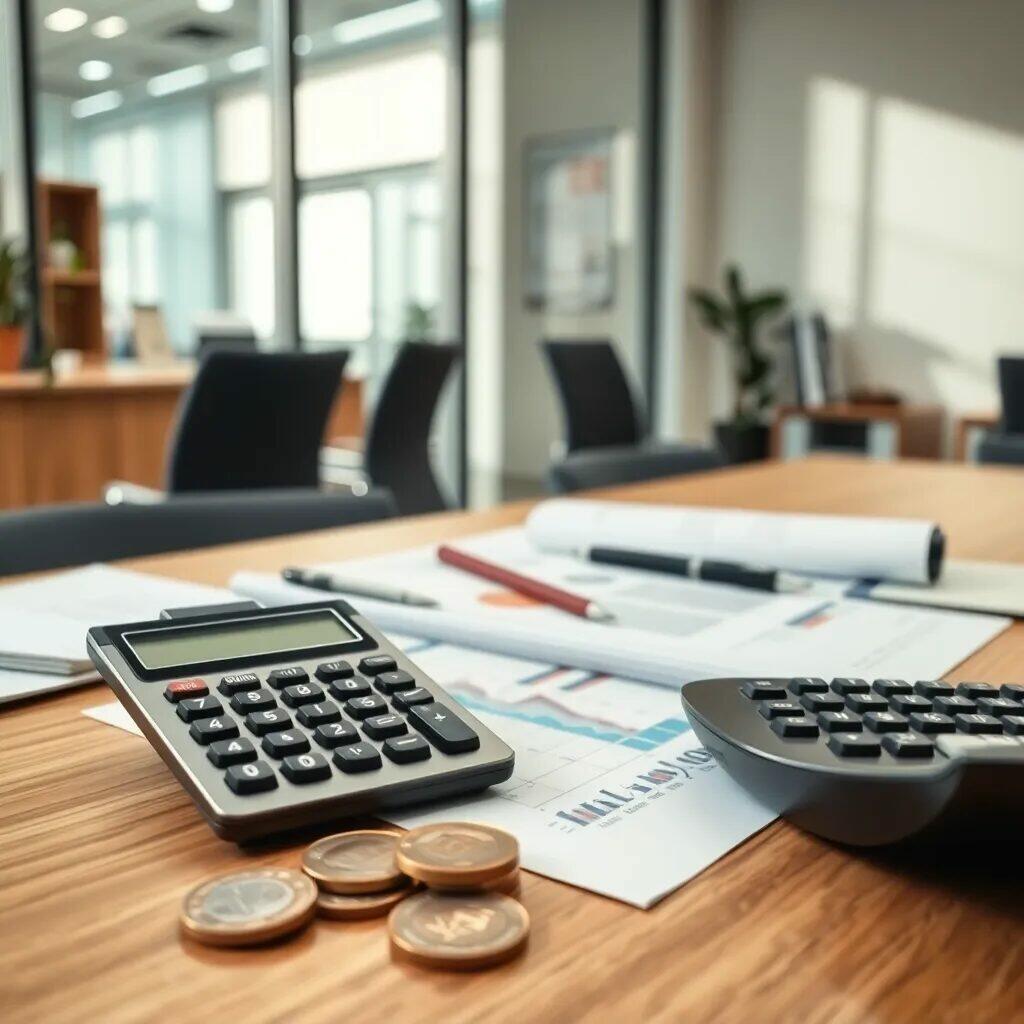 Imagen de un escritorio de oficina moderno con una calculadora, monedas y documentos financieros. En el fondo, se pueden ver sillas y un ambiente luminoso. La imagen refleja un entorno de trabajo enfocado en la contabilidad y la gestión financiera, ideal para temas relacionados con finanzas, administración de empresas y productividad en el ámbito laboral.