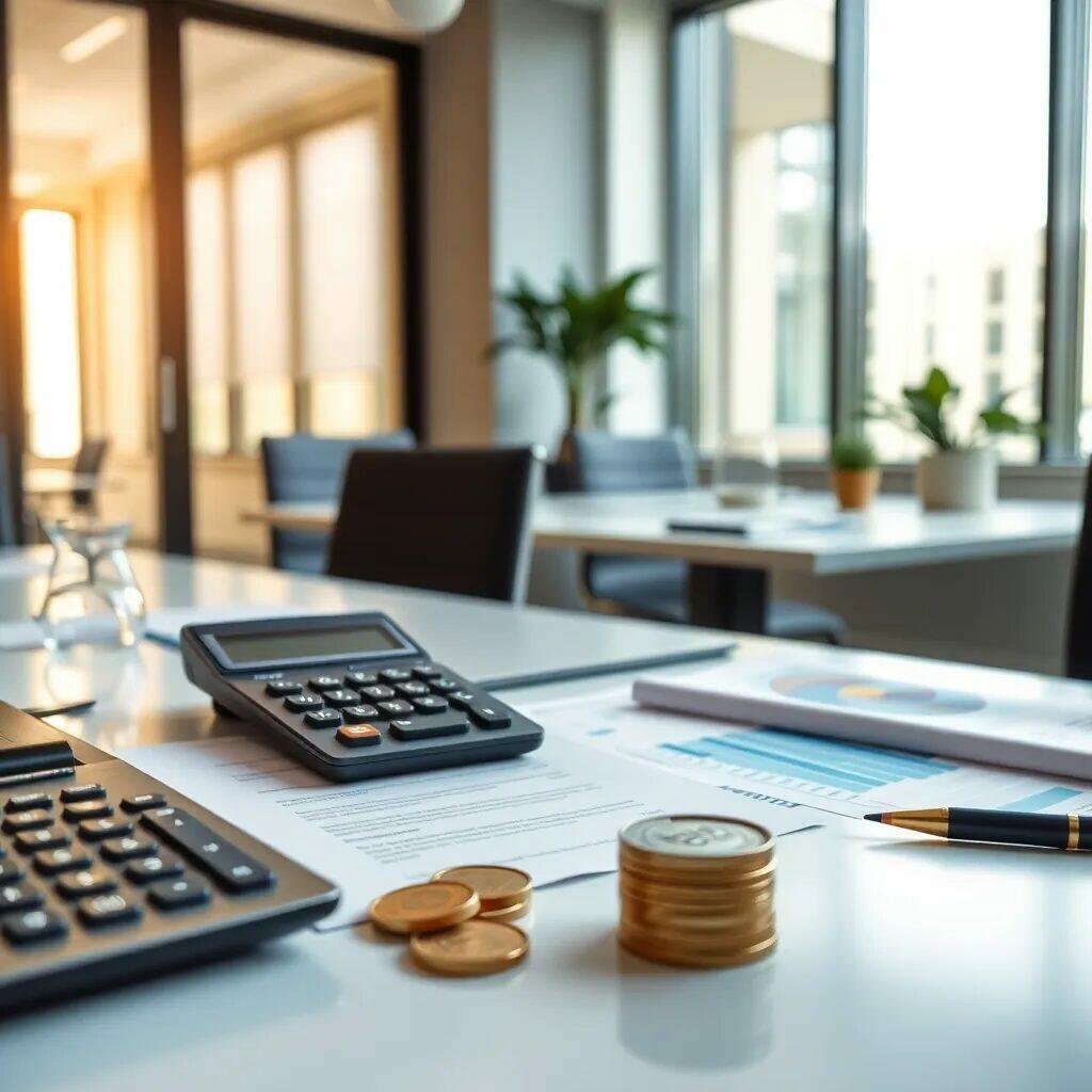 Imagen de un entorno de oficina moderno y luminoso, donde se observa una mesa de trabajo con una calculadora, documentos financieros y monedas apiladas. La luz natural entra por grandes ventanales, iluminando el espacio que incluye sillas y plantas decorativas. Esta escena representa un ambiente adecuado para la gestión financiera y la planificación empresarial, ideal para profesionales del sector.