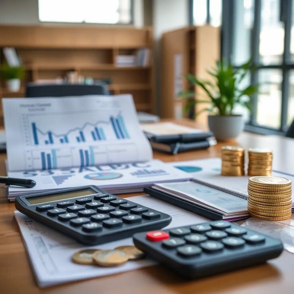 Texto alternativo: Oficina moderna con documentos financieros, gráficos y calculadoras sobre una mesa de trabajo. Se observan monedas apiladas y una planta decorativa, lo que sugiere un ambiente de análisis y gestión de recursos económicos. Ideal para temas de finanzas, contabilidad y planificación empresarial.