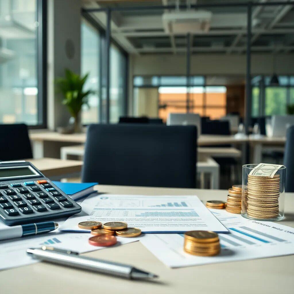 Imagen de un entorno de oficina moderna con un enfoque en la contabilidad y las finanzas. Se observa una calculadora sobre una mesa de trabajo, acompañada de documentos financieros que incluyen gráficos y estadísticas. También hay monedas y billetes en un vaso, lo que sugiere la gestión de recursos económicos. El fondo presenta un espacio de trabajo iluminado por luz natural, destacando la importancia de un ambiente productivo para el análisis financiero. Ideal para temas relacionados con la administración de finanzas,