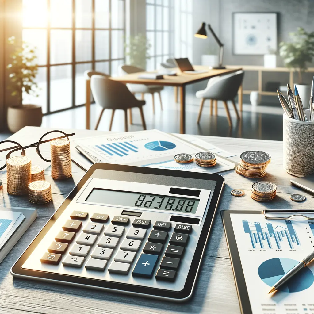 Imagen de un entorno de oficina moderna con un enfoque en herramientas financieras. En la mesa se observa una calculadora de escritorio, monedas apiladas y gráficos de análisis financiero. Los documentos incluyen gráficos de barras y diagramas circulares, proporcionando una representación visual de datos económicos. La iluminación natural resalta el ambiente profesional, ideal para actividades de contabilidad y planificación financiera.