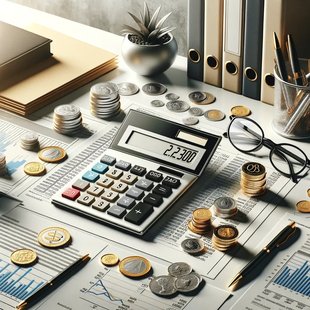 Imagen de un escritorio de trabajo financiero que incluye una calculadora, monedas apiladas y documentos con gráficos y datos. Se pueden ver billetes y un bolígrafo, junto a unas gafas y una pequeña planta decorativa. Este ambiente refleja la organización y el análisis financiero, ideal para profesionales que gestionan presupuestos y realizan cálculos económicos.
