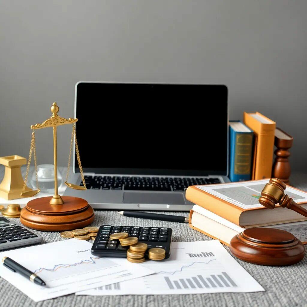 Escritorio de trabajo legal con laptop, balanza de justicia, libros de derecho, documentos financieros, calculadora y monedas, reflejando un ambiente profesional en el ámbito jurídico y financiero.