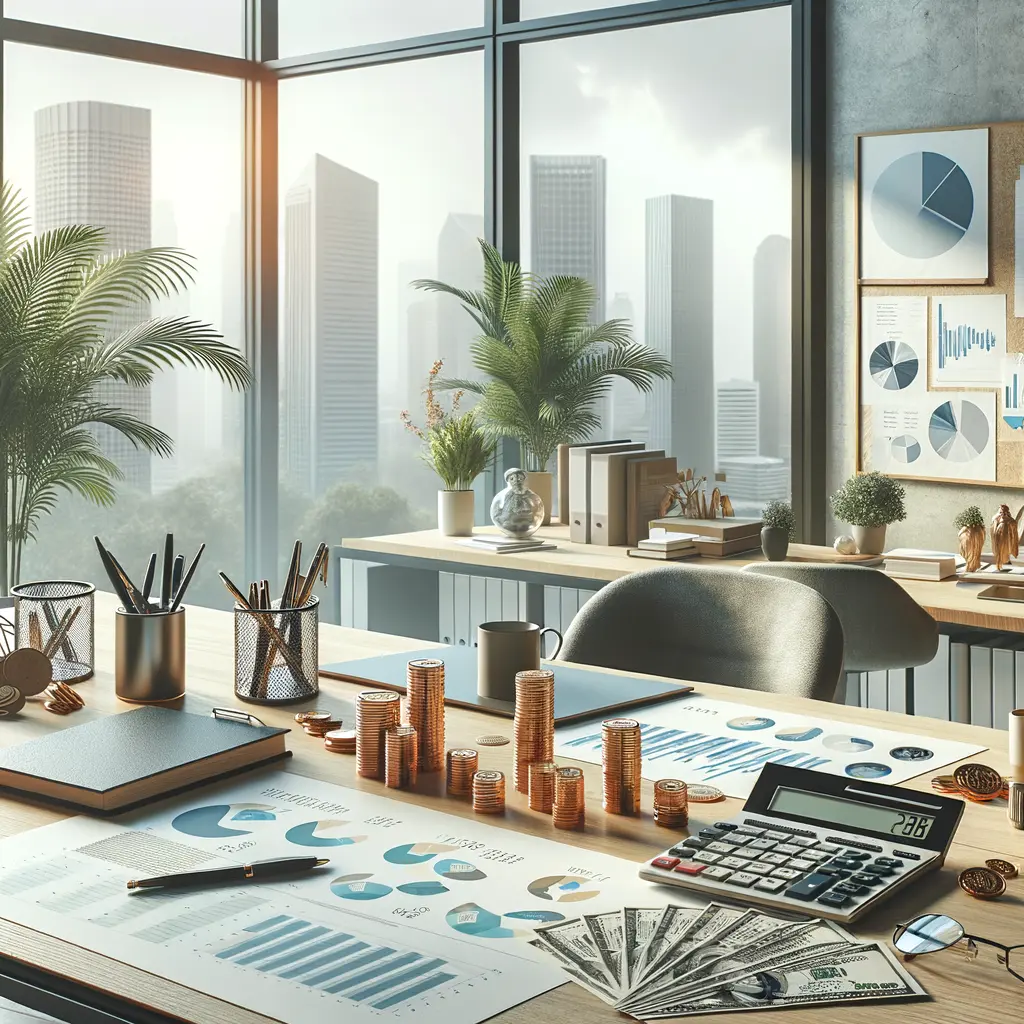 Oficina moderna con vista panorámica de la ciudad, ideal para la gestión financiera. En la mesa se observan gráficos y reportes financieros, junto a pilas de monedas y billetes, lo que sugiere un análisis detallado de datos económicos. Elementos como calculadoras, bolígrafos y plantas decorativas aportan un ambiente profesional y acogedor. Este espacio es perfecto para reuniones de negocios y planificación estratégica.