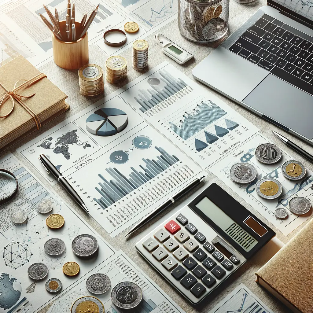 Imagen que muestra un entorno de trabajo financiero, con gráficos y estadísticas sobre papel, monedas de diferentes denominaciones, una calculadora, un ordenador portátil y utensilios de oficina. Los documentos incluyen análisis de datos y gráficos que reflejan tendencias económicas. Esta composición ilustra la planificación financiera y el análisis de datos, siendo útil para profesionales en finanzas y negocios.