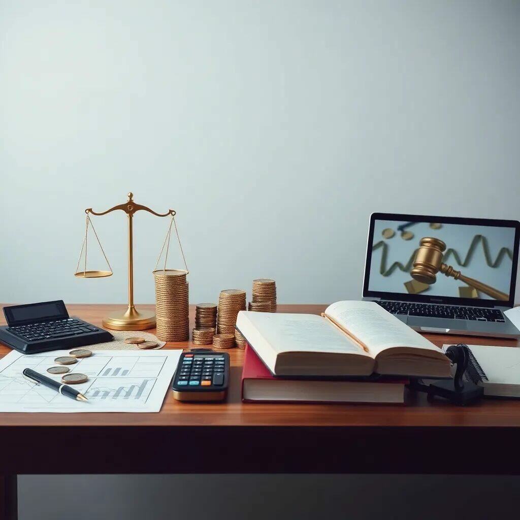 Imagen de un escritorio que refleja la intersección entre el derecho y las finanzas. Se observa una balanza de la justicia, monedas apiladas, una calculadora y libros abiertos sobre leyes y finanzas. En el fondo, un laptop muestra una imagen de un martillo judicial y gráficos, simbolizando el análisis financiero legal. Este entorno sugiere un enfoque profesional en la asesoría legal y contable, ideal para abogados, contadores o estudiantes de derecho.
