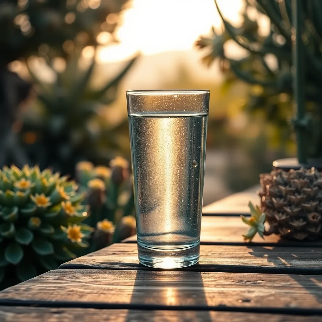 Vaso de agua cristalina sobre una mesa de madera desgastada, rodeado de flora desértica, simboliza la importancia de recursos accesibles en Colombia.