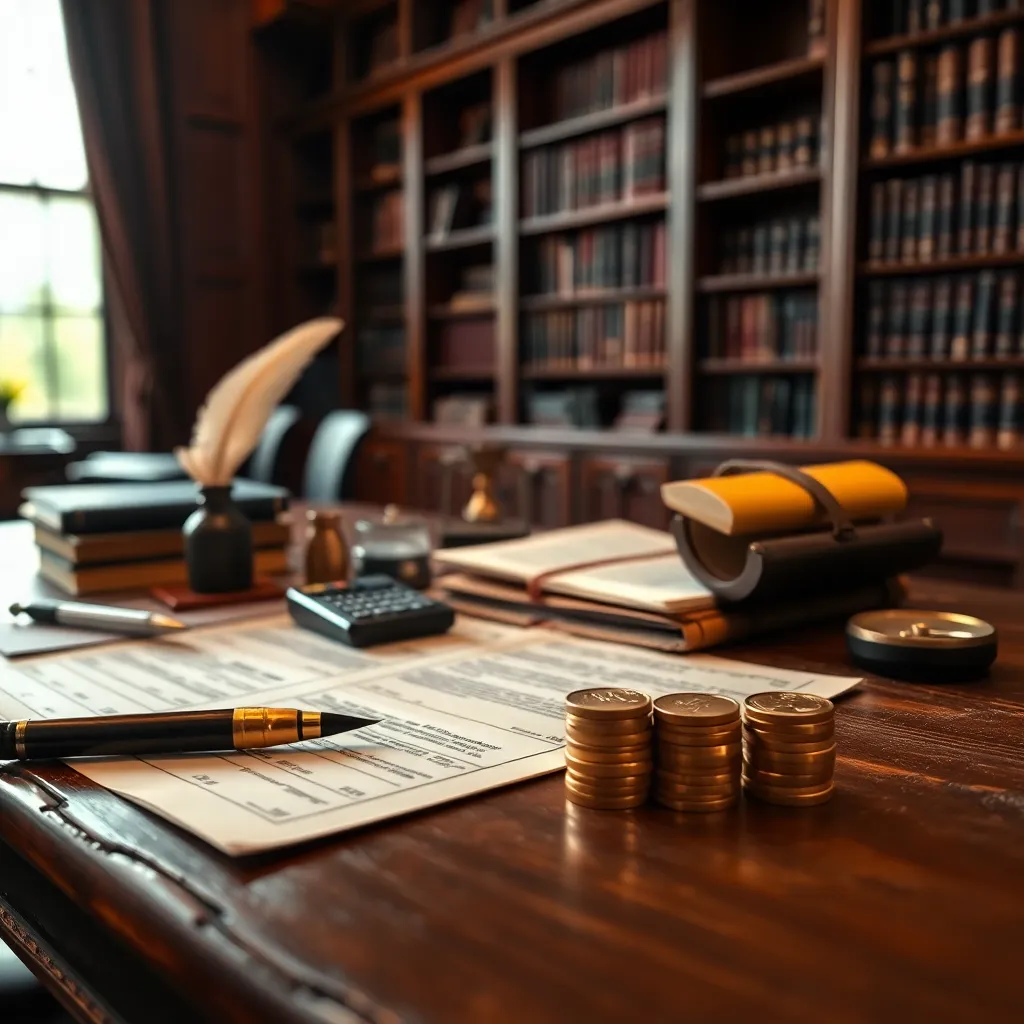 Mesa de madera antigua con documentos tributarios, pluma, calculadora y monedas de oro en una oficina legal en Colombia.