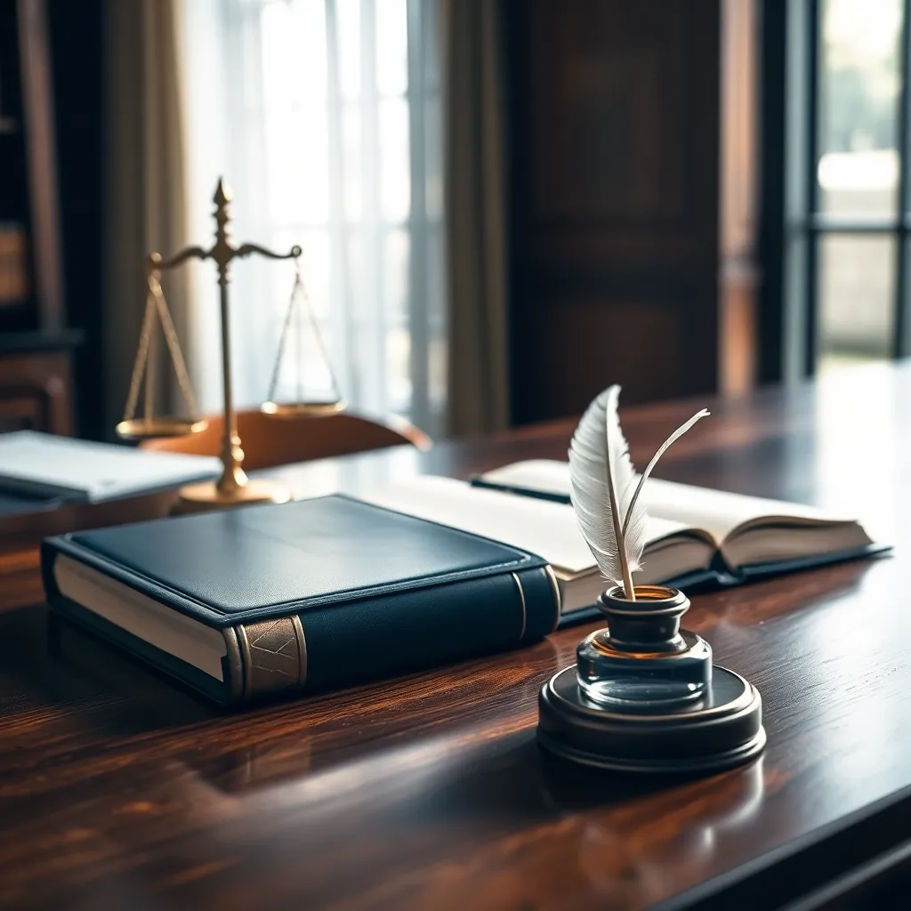 Escritorio de madera pulida con balanza de justicia, libro contable y pluma, en un ambiente financiero profesional en Colombia.