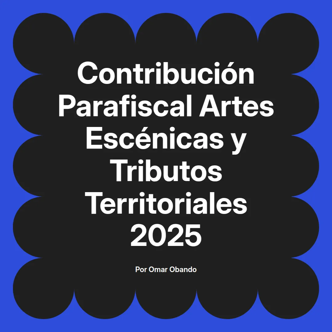 imagen destacada del post con un texto en el centro que dice Contribución Parafiscal Artes Escénicas y Tributos Territoriales 2025 y abajo del texto aparece el nombre del autor Omar Obando
