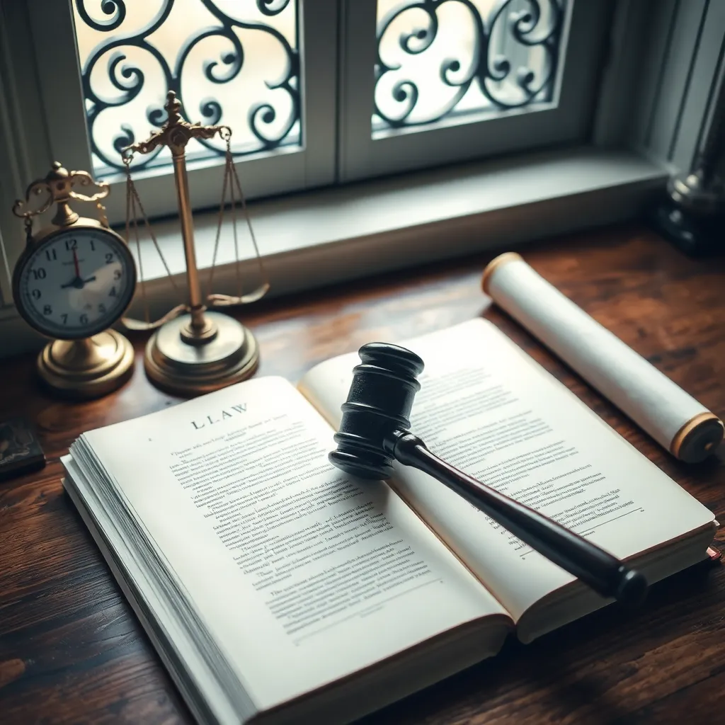 Martillo de juez sobre un libro de leyes abierto, con balanza vintage y pergamino, iluminado suavemente, evocando el ámbito legal en Colombia.
