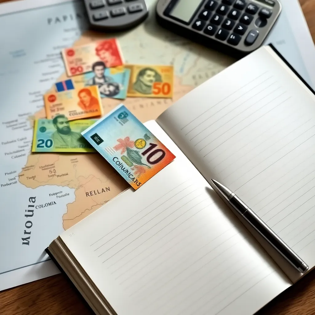 Mapa de Colombia con billetes de pesos, un libro de contabilidad abierto, un bolígrafo y una calculadora antigua, iluminado con luz natural.