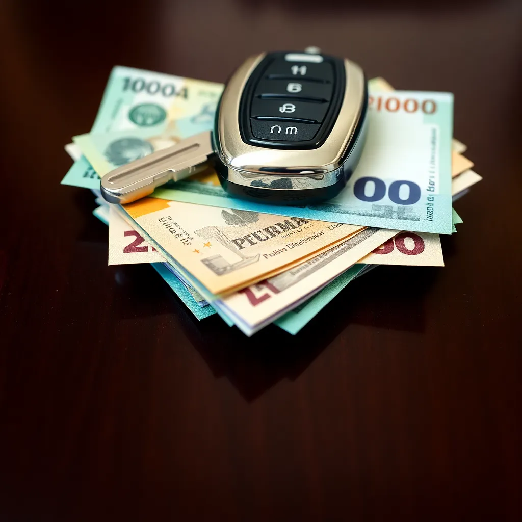 Llave de auto sobre billetes peruanos. Pago del impuesto vehicular SAT en Perú.