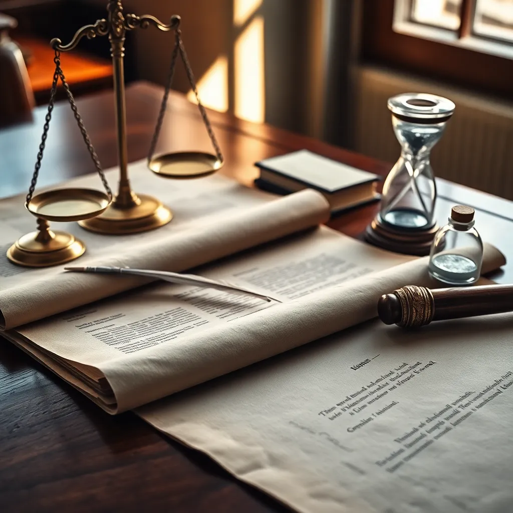 Documentos legales envejecidos sobre un escritorio de madera, con balanzas de justicia, pluma y reloj de arena en luz natural.