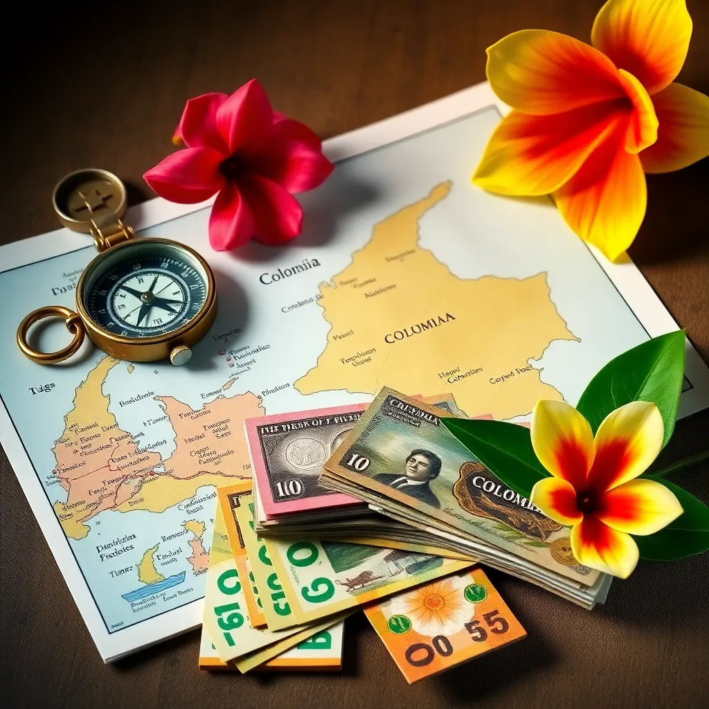 Acuarela meticulosamente dispuesta con una brújula antigua, un mapa de Colombia, billetes de pesos y una flor tropical, iluminada suavemente.