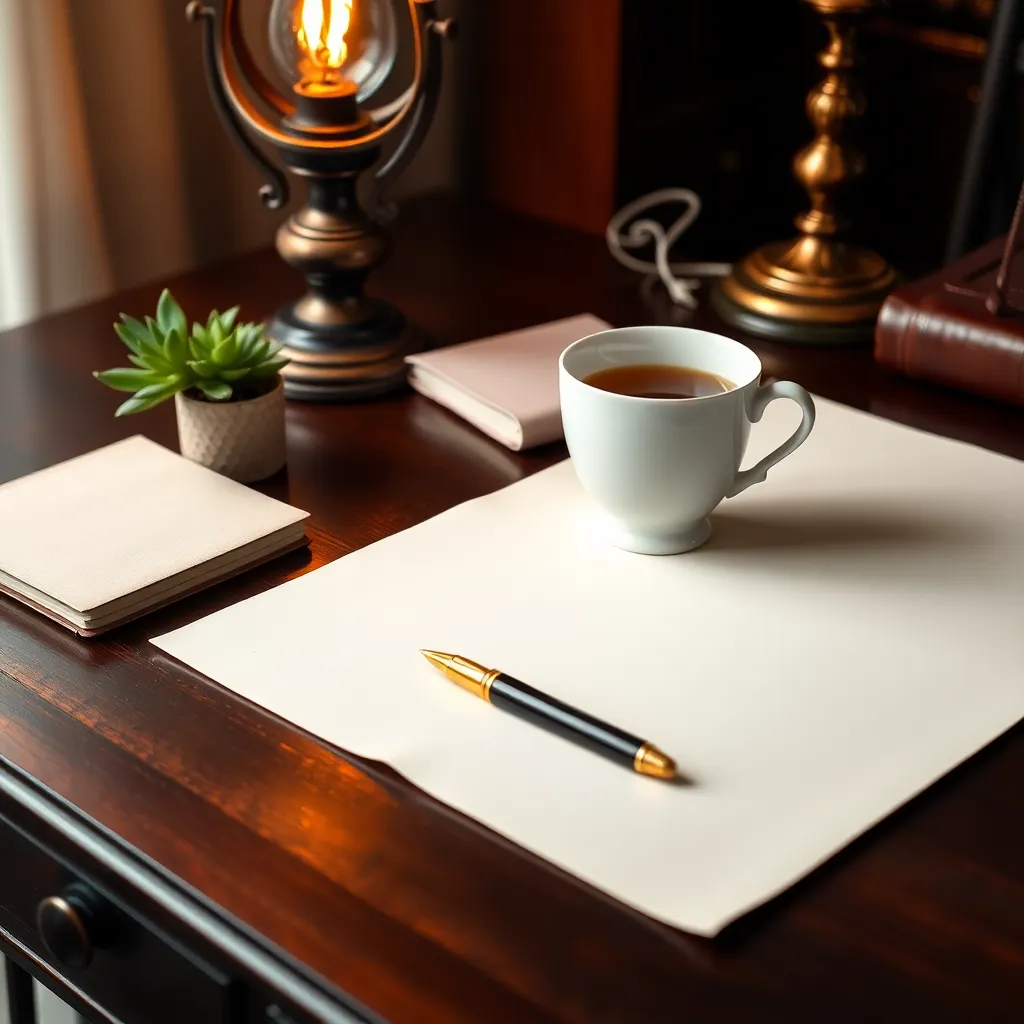 Escritorio elegante con mesa de madera oscura, pluma vintage y té, ideal para planificación financiera en Colombia.