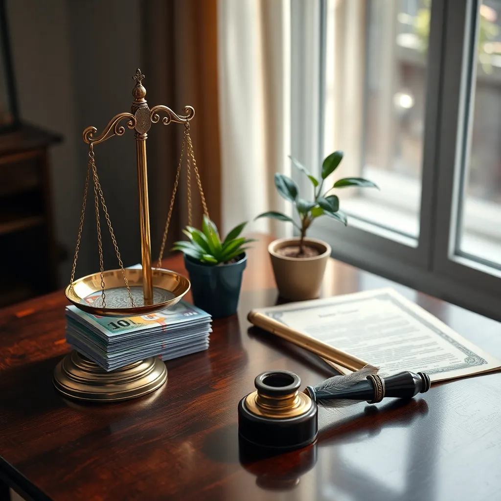 Mesa de madera con balanza de justicia, billetes colombianos, planta y pluma sobre documento legal, iluminada por luz natural.
