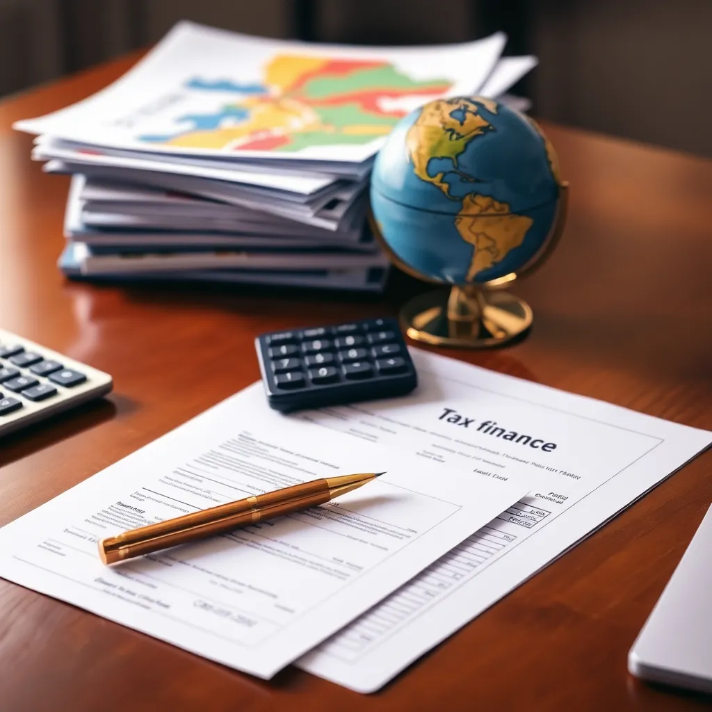Escritorio ordenado con informes financieros coloridos, calculadora plateada y documentos tributarios en un ambiente cálido y profesional en Colombia.